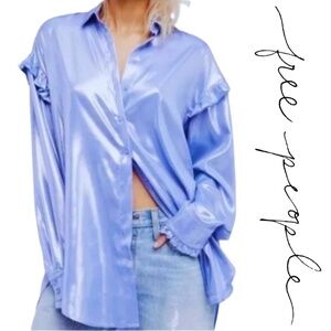 Free People All Your Love Light Blue Ruffle Long Sleeve Holographic Button Up -S